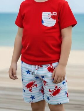 Red Tee with Crab Pocket & Shorts